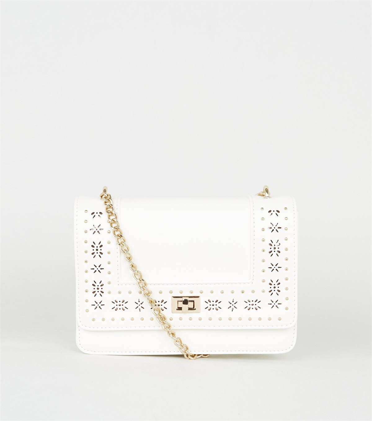 PZB260268 white-leather-look-laser-cut-chain-shoulder-bag